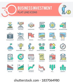 Set of filled outline multicolor icons on following topics: business, investment, financial management and other. 