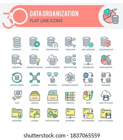 Set von ausgefüllten, mehrfarbigen Symbolen zu folgenden Themen Datenbank, Datenanalyse, Datenorganisation und Management. 