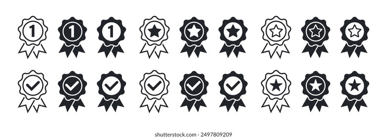 Conjunto de insignias negras rellenas y delineadas con marcas de verificación, estrellas y 1 en él. Iconos del vector en estilo plano