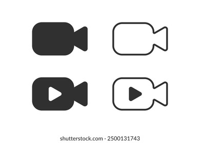 Set of filled and outlined cameras in both variations with play button and without. Vector icons in flat style
