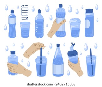 Set of filled plastic bottles and cups. Container for drinks and other liquids. Recyclable packaging. Daily water requirement. Vector illustration isolated on transparent background.