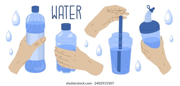 Conjunto de botellas y tazas de plástico rellenas. Recipiente para bebidas y otros líquidos. Embalaje reciclable. Necesidad diaria de agua. Ilustración vectorial aislada en fondo transparente.