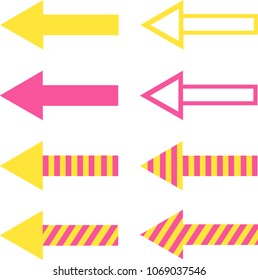 Set of Filled, Striped and Hollow Arrows in Pink and Yellow Colours Vector Illustration