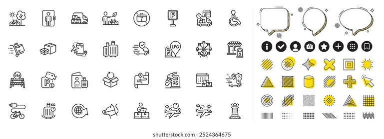 Conjunto de iconos de estación de llenado, calendario de entrega y línea de estacionamiento para App de Web. Elementos de diseño, íconos de redes sociales. Faro, bicicleta eléctrica, iconos de mapa. Vector