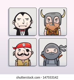 Set of film characters with a vampire, a barbarian, a pirate and a ninja