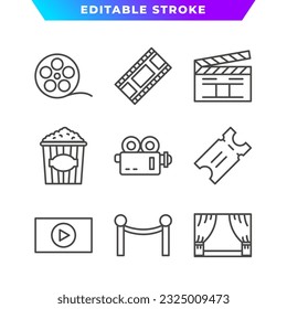 Set of Film and Cinema Outline Icon. Popcorn, Theater, Ticket, Clapper, Reel, Camera, and More. Editable Stroke. Vector Eps 10