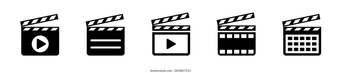 Set of film clapper vector icons. Movie or cinema clapperboard. Film production.