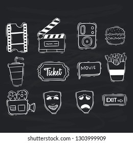 set of film or movie icons with doodle style on chalkboard background