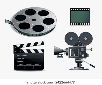 Set of film and photo industry items. Сamera, film, clapperboard vector illustration