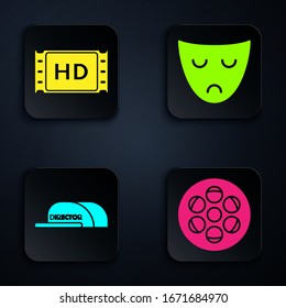 Set Film reel , 4k movie, tape, frame , Cap with inscription director  and Drama theatrical mask . Black square button. Vector