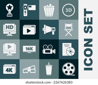Set Film reel, CD or DVD disk, Director movie chair, Popcorn in box, Online play video, Monitor with HD, Movie trophy and Megaphone icon. Vector