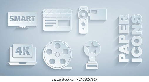 Set Film reel, Cinema camera, Laptop with 4k video, Movie trophy, clapper and Screen tv Smart icon. Vector