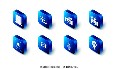 Set Film reel, Cinema camera, Retro cinema, Photo, Dust blower, Camera photo lens, focus frame line and Empty studio icon. Vector