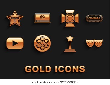 Set Film reel, Cinema poster design template, Comedy and tragedy theatrical masks, Movie trophy, Play, spotlight, Hollywood walk of fame star on celebrity boulevard and Online play video icon. Vector svg