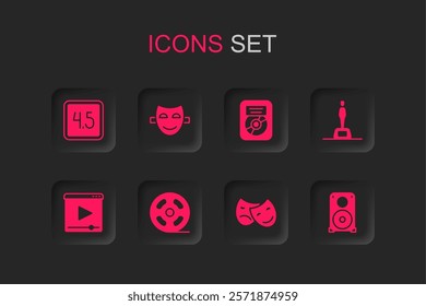 Set Film reel, Comedy theatrical mask, Rating movie, and tragedy masks, Movie trophy, Stereo speaker, CD disk award frame and Online play video icon. Vector