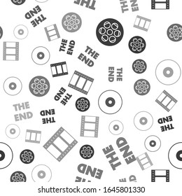 Set Film reel , The End handwritten inscription , CD or DVD disk  and Play Video  on seamless pattern. Vector