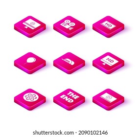 Set Film reel, The End handwritten inscription, Balloon with ribbon, Cap director, Online play video, Computer PC monitor HD technology, Laptop screen and Cinema camera icon. Vector