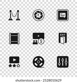 Set Film reel, Fire exit, Sound mixer controller, Cinema auditorium with screen, Video subtitles, Rope barrier, Camera shutter and Play video icon. Vector