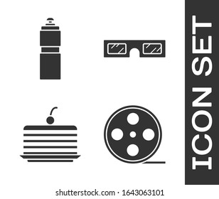 Set Film reel, Fitness shaker, Cake and 3D cinema glasses icon. Vector