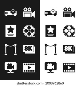 Set Film reel, Hollywood walk of fame star, Media projector, Cinema camera, Rope barrier, 8k Ultra HD, Play Video and Camera and location icon. Vector
