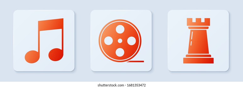 Set Film reel, Music note, tone and Chess symbol. White square button. Vector