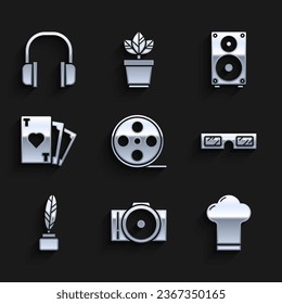 Set Film reel, Photo camera, Chef hat, 3D cinema glasses, Feather and inkwell, Playing card with heart symbol, Stereo speaker and Headphones icon. Vector