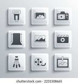 Set Film reel, Photo frame, Movie clapper, retouching, Tripod, Empty photo studio, camera flash and  icon. Vector