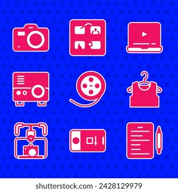 Set Film reel, Photo and video shooting, Scenario, Sleeveless T-shirt, Gimbal stabilizer with camera, Media projector, Online play and  icon. Vector