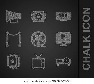 Set Film reel, Retro tv, Movie, film, media projector, Online play video, Cinema ticket, Carpet with barriers, Screen 16k and Megaphone icon. Vector