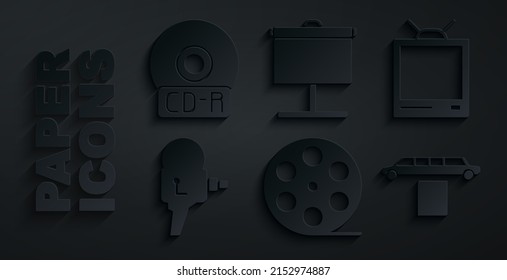 Set Film reel, Retro tv, cinema camera, Limousine car and carpet, Projection screen and CD or DVD disk icon. Vector