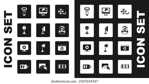 Set Film reel, Studio light bulb in softbox, Photo camera flash, retouching, Movie clapper and Camera shutter icon. Vector