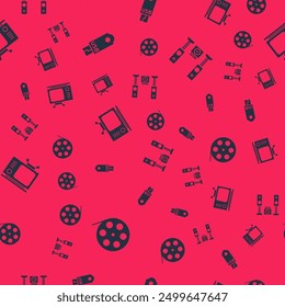 Set Film reel, USB flash drive, Retro tv and Home stereo with two speakers on seamless pattern. Vector