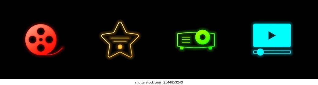 Set Film reel, Walk of fame star, Movie, film, media projector and Online play video icon. Vector