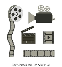 Set of film reels and clapperboard on a white background. Flat vector illustration