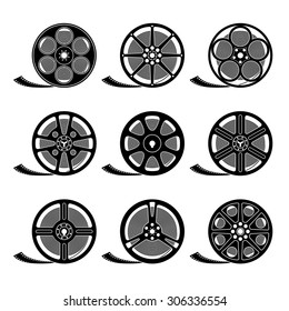 Set of film reels isolated on white, black silhouettes, EPS 8