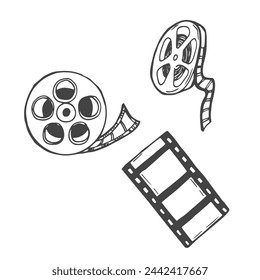 Set of film strip and reel. Sketch vector illustration.