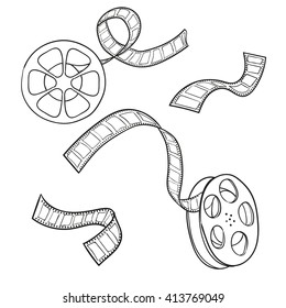 Set of film strip and reel. Sketch vector illustration. 