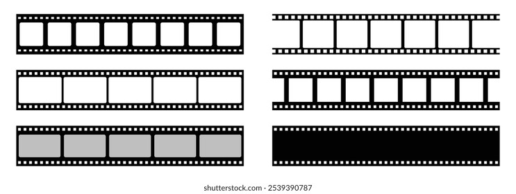 Set of film strip vector icons isolated. Film tape strips for movie, cinema and reel. Filmstrip with frames, photo and videos for camera. Vector illustration.