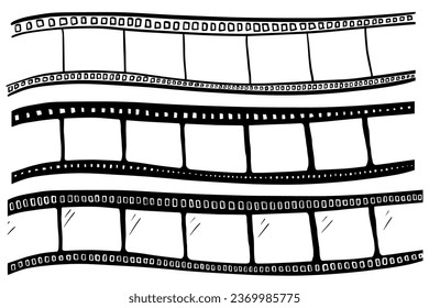 	
Set of film strips in doodle style. Cinema and photo, cinema tape, photo frame, cinema film tape roll 35 mm, blank slide frames. Old retro film strip frame. Vector illustration EPS10