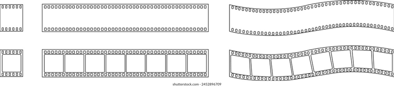 Set of Film Strips icons line styles editable stock. Movie Film with Film roll. Black photogram can used for mobile apps and web designs. Filmstrip photographer equipment on transparent background.