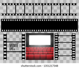 Set of film vector stripes isolated on transparent background.Film strip roll. Vector cinema background.