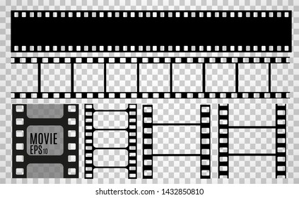 Set of film vector stripes isolated on transparent background.Film strip roll. Vector cinema background.