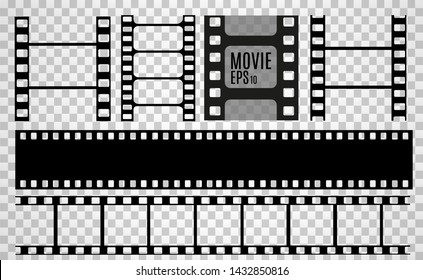 Set of film vector stripes isolated on transparent background.Film strip roll. Vector cinema background.