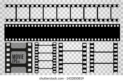 Set of film vector stripes isolated on transparent background.Film strip roll. Vector cinema background.