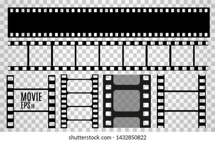 Set of film vector stripes isolated on transparent background.Film strip roll. Vector cinema background.