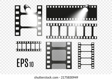 	
Conjunto de bandas vectoriales de película aisladas en fondo transparente.Rollo de tiras de película. Fondo del cine vectorial.
