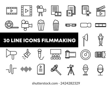 Set of filmmaking line icons. Movie, cinema, video, production, ticket, camera, reel, filmstrip, film icons. Vector illustration