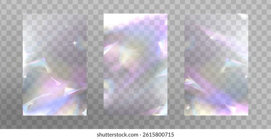 Set of films with crystal light refraction effect on transparent background. Vector realistic illustration of rectangle screens with rainbow flares, diamond reflection overlay, lens prism spectrum