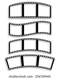 Set Of Filmstrip Silhouettes With Different Distortion Effect. Wavy, Arching, Curving Filmstrips.