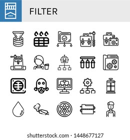 Set of filter icons such as Cigarette, Funnel, Drain, Data, Camera bag, Barista, Flow, Water filter, Gas mask, Process, French press, Blur, Muffler, Drainage , filter